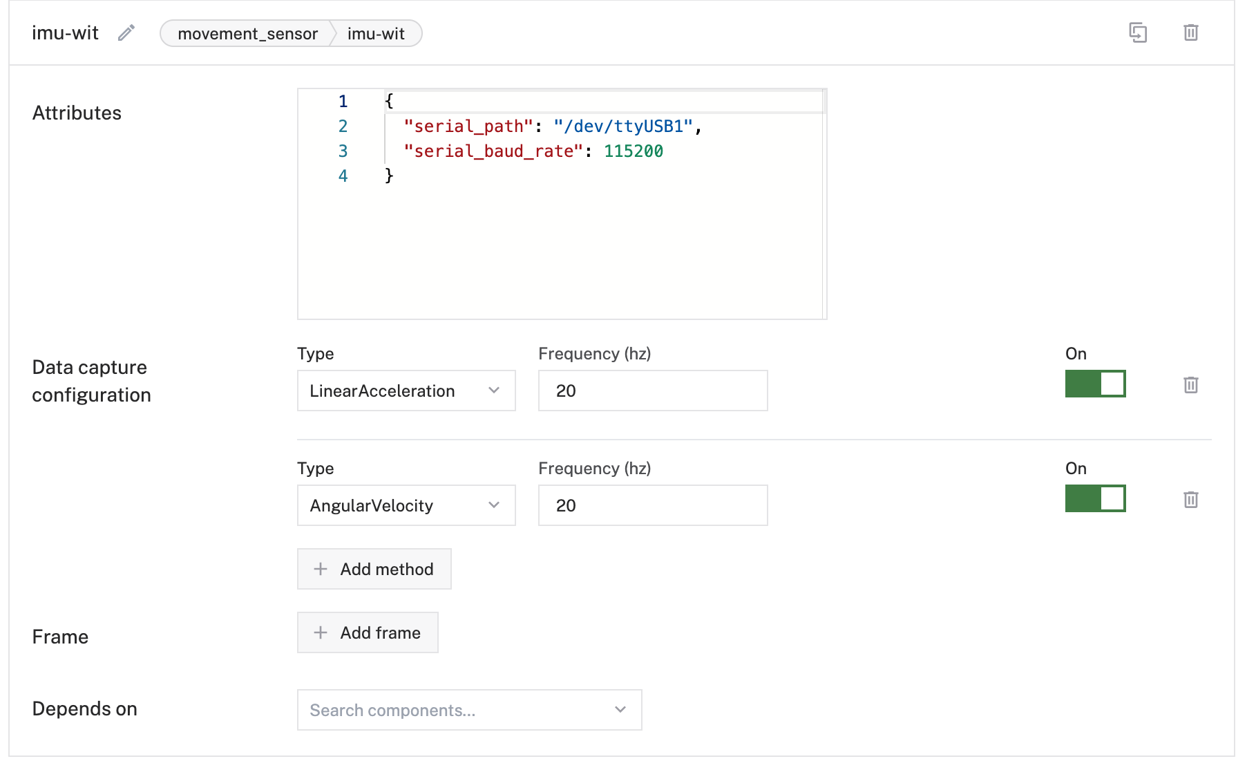 An IMU configured with angular velocity and linear acceleration both configured for capture at 20 Hz.